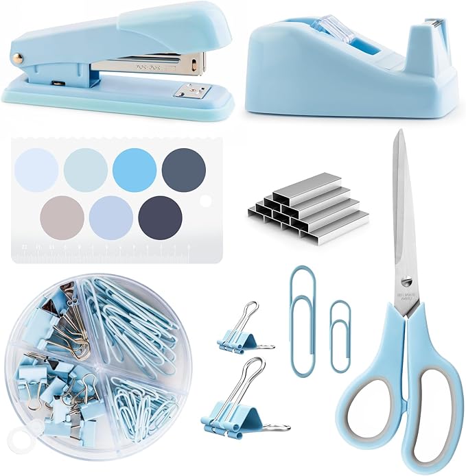Blue Office Supplies for Kids, Desk Accessories for Kids, Stapler and Tape Dispenser Set for Women, Blue Office Accessories Gift for Women, Boss Lady, Office Lady, Coworkers, Office Clerks, Kids