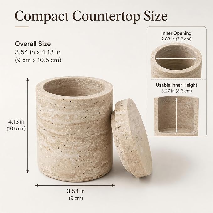 Natural Travertine Round Canister with Lid | Natural travertine canister for Q Tip, cotton rounds, balls, floss picks and short dry vanity items.