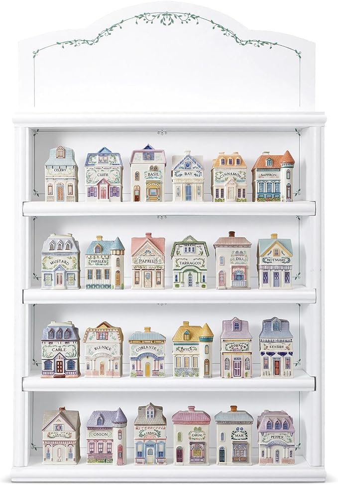Chunful Vintage Spice Jar Wooden Rack White with Vines in Green Color Spice Shelf for 24 Jars, Village Style Wall Mounting Kitchen Storage Decorative Hanging Display Rack, Shelf Only