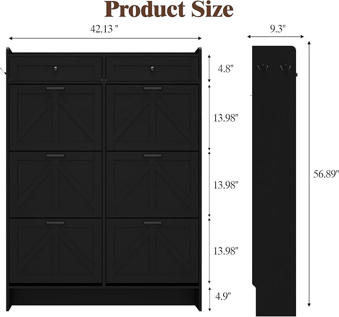 Thacuok Shoe Cabinet with 6 Flip Drawers & 2 Storage Drawers, Rustic Farmhouse Narrow Shoe Organizer Cabinet, Slim Shoe Rack Cabinet, Shoe Storage Cabinet for Entryway, Hallway, Front Door