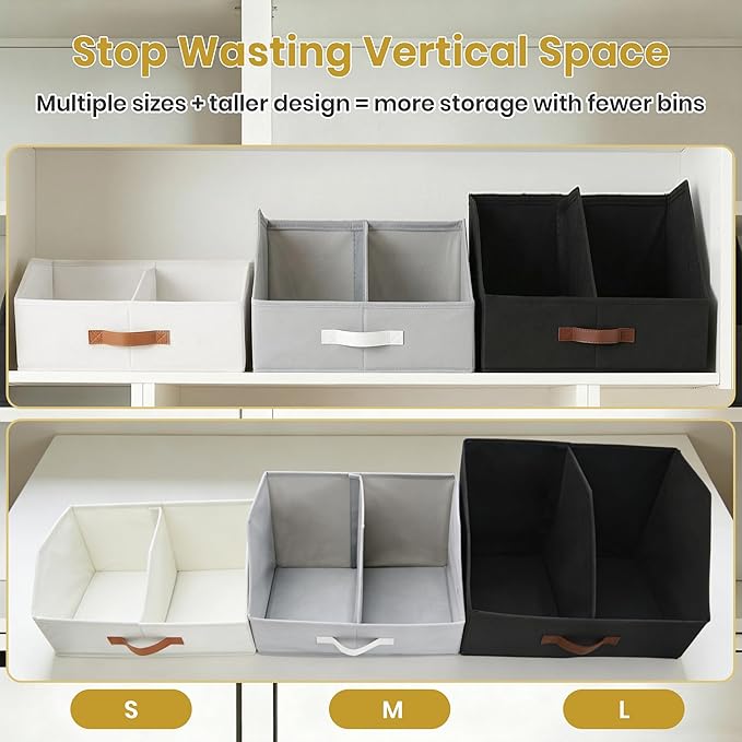 Closet Organizers And Storage - UPGRADED Trapezoid Storage Bin With Leather Handles & Adjustable Dividers, Fabric Collapsible Storage Bins For Clothes Storage & Shelf Organizer (3pcs, Small, Ivory)