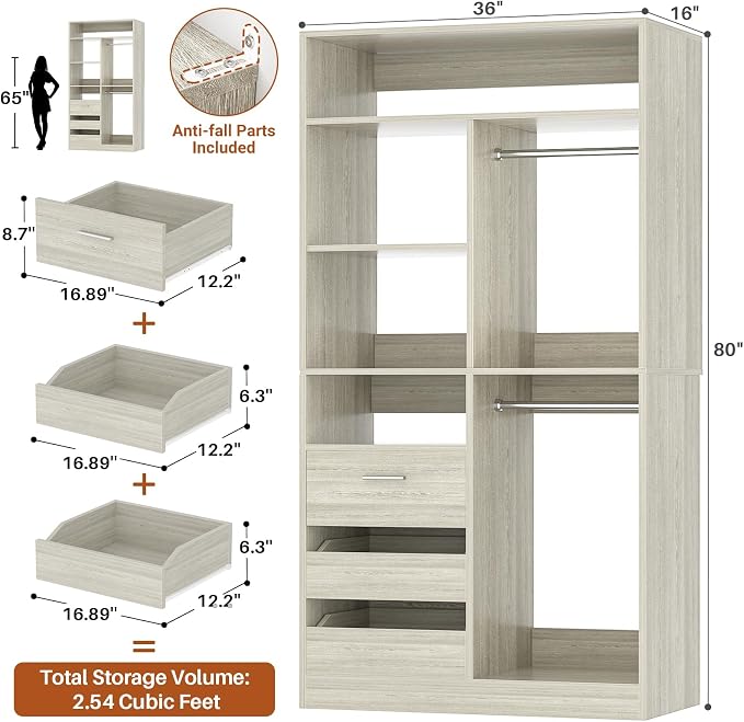36 Inches Modular Closet Drawers System, 3FT Wood Closet Organiser with Closed & Half-Open Drawers, Walk-in Freestanding Wardrobe Storage Cabinet with 6 Shelves, White Oak (36"L x 15" W x 80" H)
