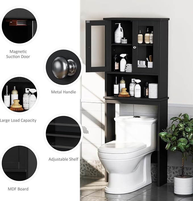 Over The Toilet Storage Cabinet for Bathroom, Storage Organizer Over Toilet with Glass Doors, Space Saver for Living Room, Black