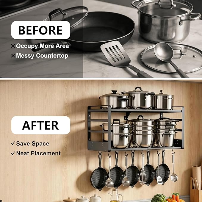 31 Inch Pot Rack Wall Mounted, 2-Tier Pots and Pans Organizer with 20 Hooks & Pan Organizer and Spice Rack, Heavy Duty Hanging Pot Hanger for Kitchen (with Multi Slots & Pot Lid Holder)