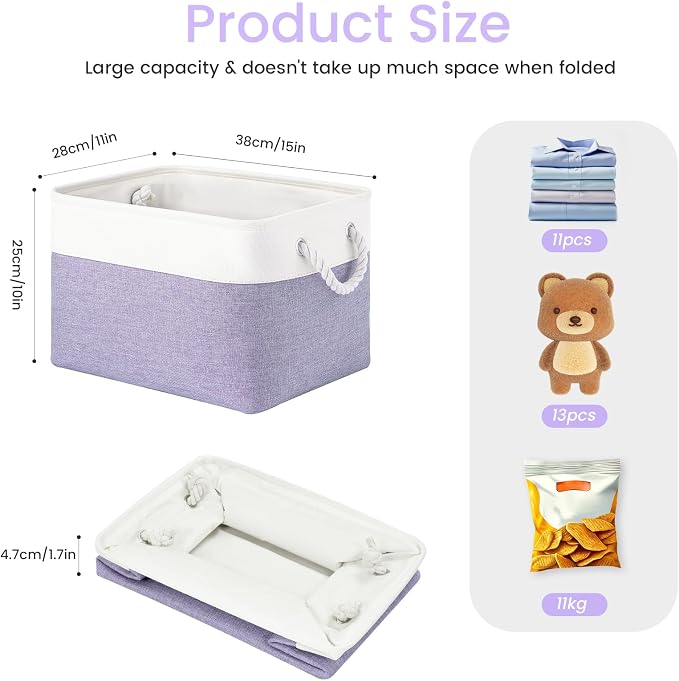 15x11x10 In Foldable Fabric Large Storage Bins with Handle 6 Pack | Organizer Baskets, Sturdy Metal Strand, Cardboard Support Molding, Storage Baskets for Shelves, Closet, Bedroom, White/Purple