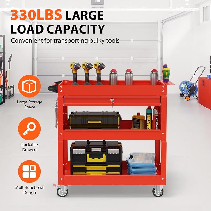 3 Tier Heavy Duty Rolling Tool Cart with Drawers, Large Storage Utility Cart on Wheels for Garage, Warehouse, Repair Shop (Red)