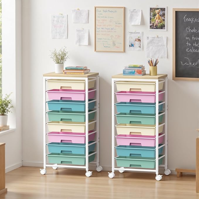 Rolling Cart with 8 Drawers, Plastic Drawer Storage Carts with Wheels & Wooden Tabletop, Metal Utility Cart Organizer for Bedroom Living Room Office Classroom Craft Organization and Storage, Colorful