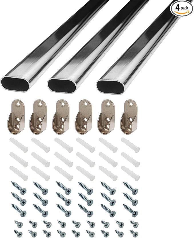 Outwater 18 Inch Steel Oval Closet Rod Kit, 9/16 Inch x 1-3/16 Inch Polished Chrome Heavy Duty Closet Hanging Rod with Metal Brackets, Wall Anchors and Screws, Pack of 3