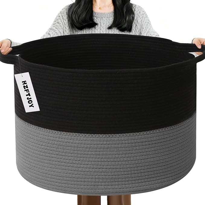 65L Large Blanket Basket,Woven Rope Laundry Basket Hamper with Handles,Decorative Nursery Basket Storage Bin for Toys, Pillows,Clothes Organizer, Living Room,Bedroom,Bathroom,Black&Dark Grey