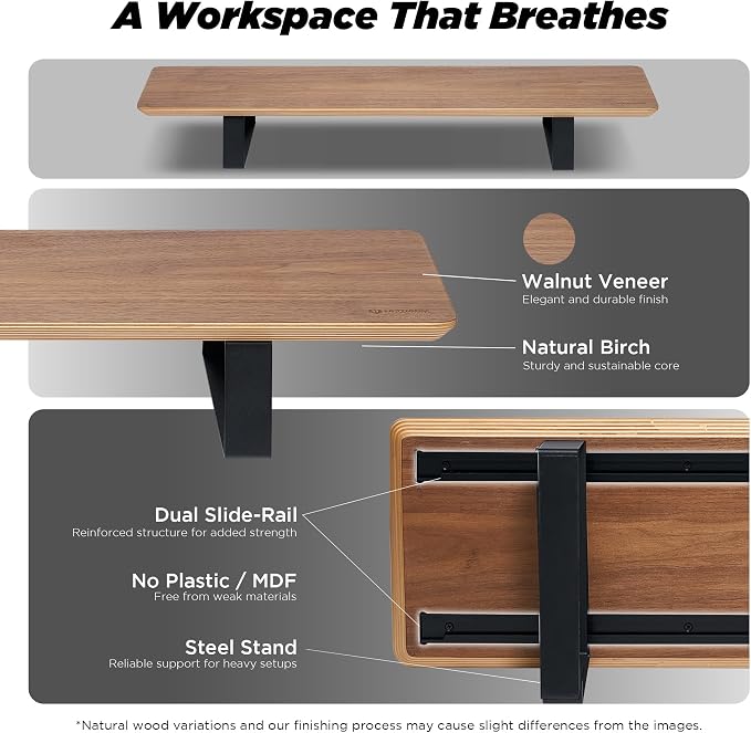 ULTRARM Moodular Wooden Monitor Stand Desk Organizer, Standard 33.4" Walnut | Customizable Organized Workspace, Aluminum Slide Rails, 10 Add-Ons Sold Separately: Storage Drawer, Tablet, Phone & More