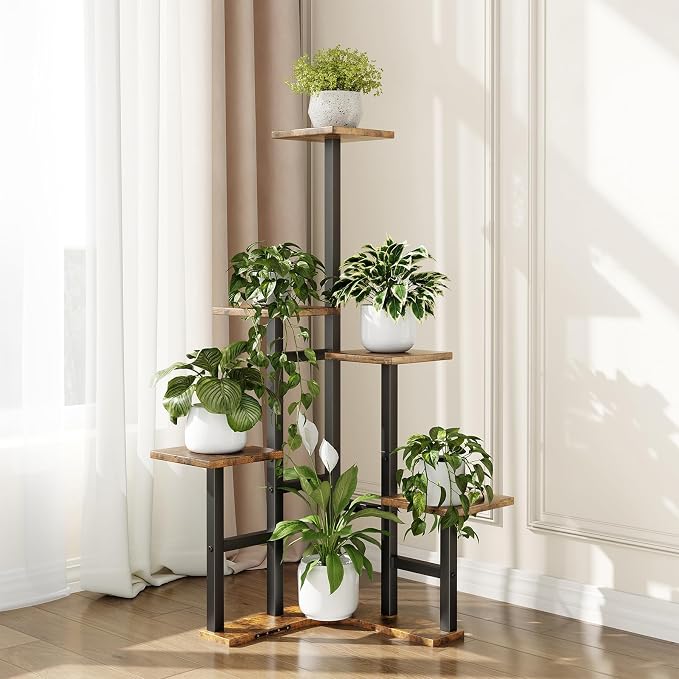 Yzosvki Corner Plant Stand Indoor, 6 Tiered Corner Plant Shelf Flower Stand for Multiple Plants, Plant Shelves Organizer Rack for Living Room, Balcony, Patio, Garden, Square Rustic Brown