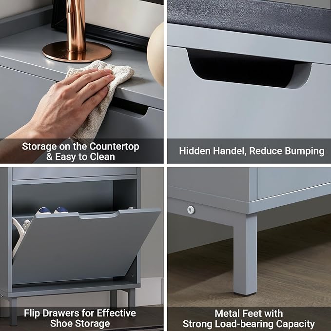 Haotian Slim Shoe Cabinet Entryway | Hidden Shoe Storage with Three Flip Drawers to Save Space, Freestanding Shoe Rack for Entryway, Hallway Grey