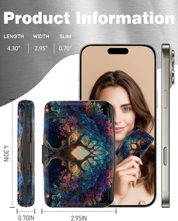 Maicican Credit Card Holder, Mini RFID Blocking Aluminum Wallet | Slim Metal Hard Case Travel Wallet ID Case for Women and Men, 4.3 x 2.9 Inches, Colorful Tree