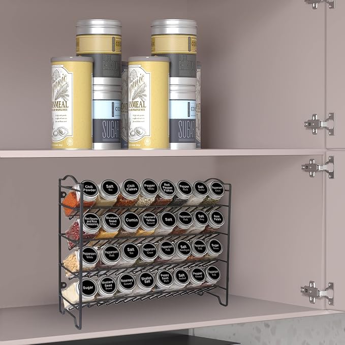 SWOMMOLY Spice Rack Organizer with 32 Glass Spice Jars and 396 Spice Labels | Chalk Marker, Funnel, 32 Pcs 4oz Spice Bottles, 4 Tier Spice Organizer for Cabinet, Countertop, Cupboard or Wall Mount, Black