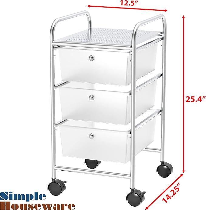 Simple Houseware 3 Drawers Rolling Utility Cart Art Craft Organizer, Chrome | 1-Column, 25.4" Height, Lockable Wheels, for School, Office, Art Craft, and Paper Storage