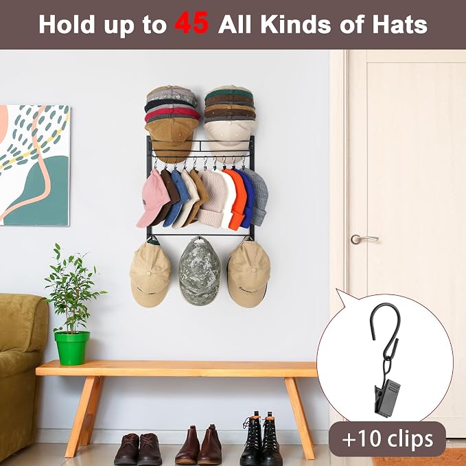 Hat Rack, Metal 3-Tier Wall Organizer Holds Up to 45 Caps with 10 Clips | 3-tier wall rack stores 45 baseball caps. 10 removable clips organize hats, scarves, sunglasses and small accessories