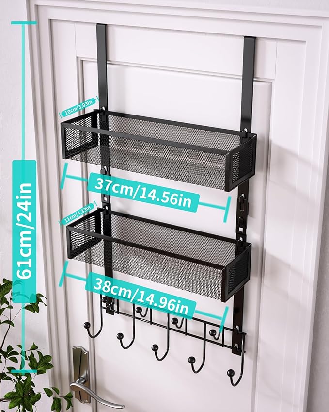 HapiRm Over the Door Hanger with Coat Hooks and 2 Baskets, Rustproof & Waterproof Over the Door Hooks, Storage Organizer for Hats, Bathroom, Kitchen, Bedroom, RV, Camper-Black (for 1.76in Doors)