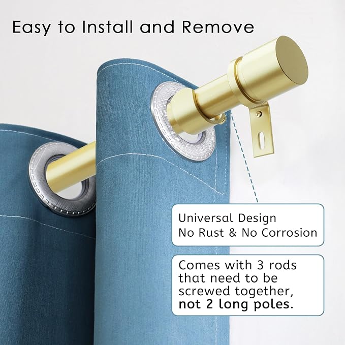 Byondeth Curtain Rods for Windows 16 to 48 or 60 Inches Max Adjustable Length 1 Inch Diameter Window Curtain Rod with Aluminium Finials, Warm Gold