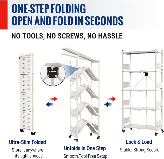 WORKPRO 5-Tier Folding Shelf, No-Assembly Metal Storage Rack with Wheels, 750 lbs Capacity (with Leveling Feet), Collapsible Shelving Unit for Kitchen, Pantry, Closet & Craft Shows - White