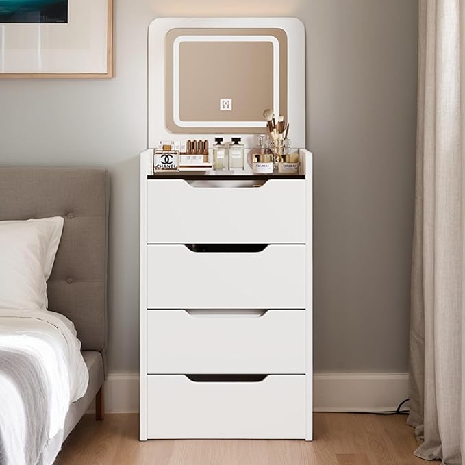 3 in 1 Vanity Desk with Mirror and Lights,Small Make Up Vanity Set with Visible Glass Desktop,Compact Makeup Vanity with 3 Drawers & Stool, Dressing Table for Bedroom