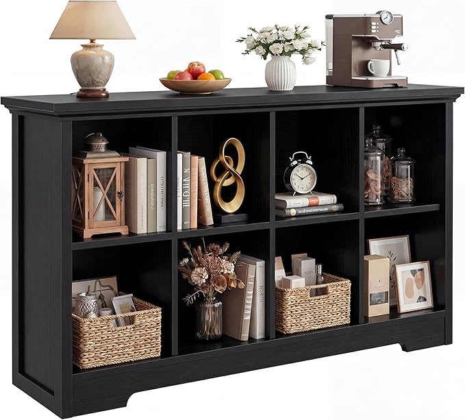 Aheaplus Wooden 8-Cube Storage Organizer with Charging Ports, Modern Cube Bookcase with Base, 3-Tier Floor Standing Open Cubbies Bookshelf, Cubicle Display Shelf for Home and Office, Black