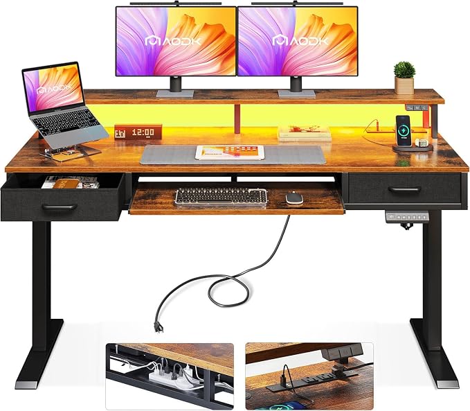 AODK 55 Inch Standing Desk with Drawers & Keyboard Tray, Rustic Brown | 3 Outlets & 2 USB Ports, 20-Mode LED Lights, Monitor Stand, Cable Management Tray, 3 Memory Heights, 29.9"-46.1" in Range