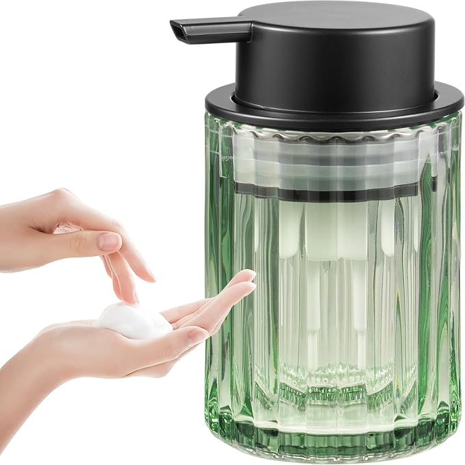 Amolliar Foaming Soap Dispenser, 8OZ Green Glass Soap Dispenser with Plastic Pump, Refillable Hand Soap Dispenser for Bathroom, Kitchen, Shower, Lotion, Dish Soap Dispenser, Home Decor, Black 1 Pack