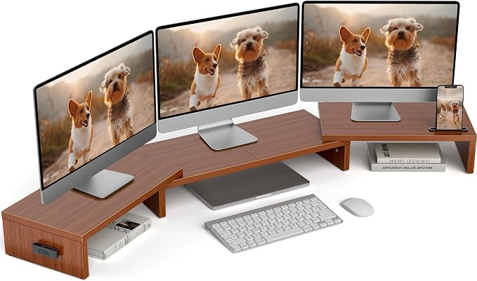 BONTEC Triple Monitor Stand Riser with Smartphone Holder, Adjustable Length & Swivel Angle, Ergonomic Wooden Desktop Organizer for PC Monitor, Laptop, Printer, Large Storage, 53.3 in, Walnut