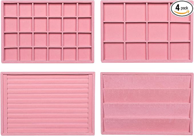 Frebeauty Jewelry Trays for Drawer,Set of 4 Jewelry Organizer and Storage | Velvet Material,Stackable,Adjustable Dividers,Drawer Inserts for Rings Studs Bracelet,Earring Organizer for Women Girls