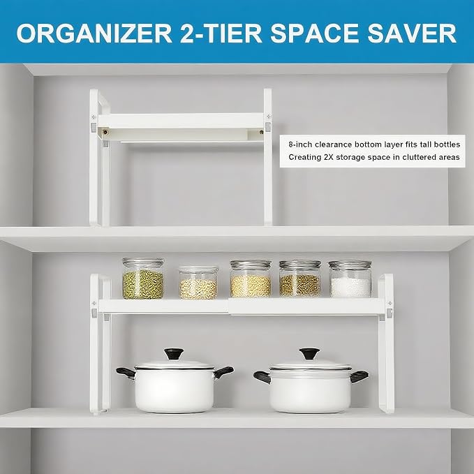 11" Deep Expandable Cabinet Organizer Shelf Riser, 14-25" Adjustable Heavy Duty Metal Pantry Storage Rack for Kitchen Cupboard, Under Sink & Countertop, 10" High Space Saver, 1-Pack White