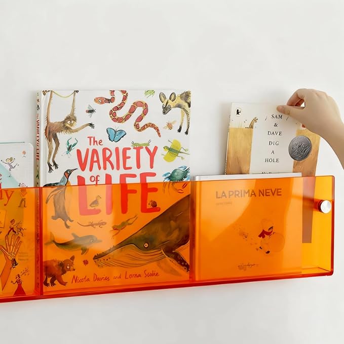 ROYALITA 2-Pack Acrylic Magazine Holder Brochure Holder, Orange 36 Inch | Record Magazine Rack, Fashion Floating Bookshelf, Literature Storage Rack for Waiting Room, Living Room, Office