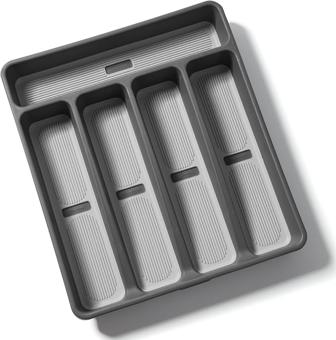 shopwithgreen Silverware Organizer with Cutlery Icons，Silverware Tray for Kitchen Drawer，Plastic Flatware Drawer Organizer Utensil Organizer with Non-slip TPR Linings，5-Compartment Silverware Caddy