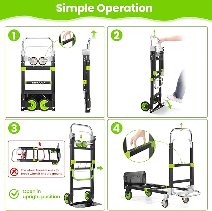 3-in-1 Folding Hand Trucks, 600Lbs Convertible Hand Truck Dolly, Heavy Duty Convertible Dolly with Retractable Handle and 4 Rubber Wheels, Collapsible Cart for Moving Office/Home/Warehous(Green)