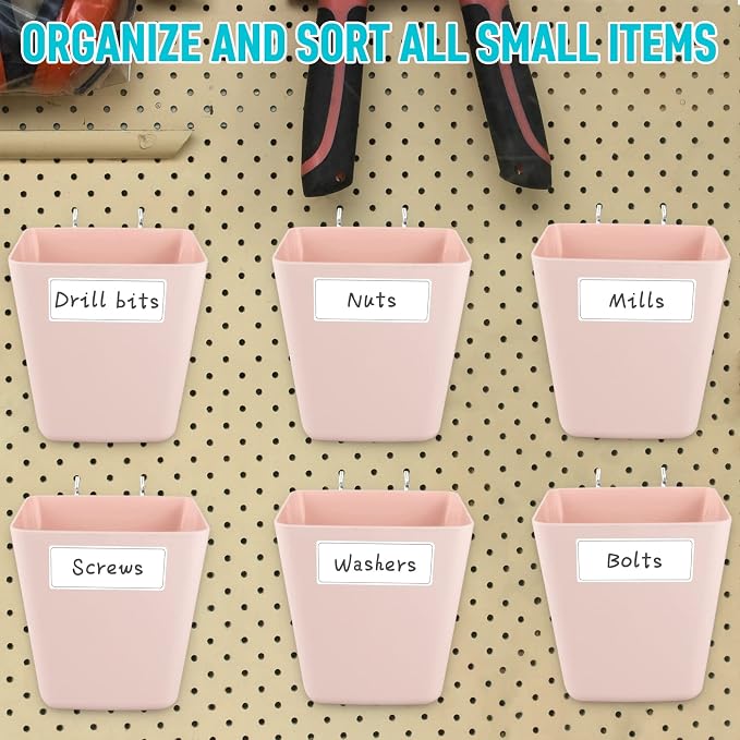 G.CORE Large Pegboard Cups Peg Board Storage Bin 6 Pack with Hooks, Square Box Shape Pegboard Cup Holder Accessories for Garage Workbench/Craft Room/Office/Playroom/Home Kitchen Organization (Pink) | Big Open-Mouth Cups, 1/8" 1/4" Pegboard Organizer Ac...