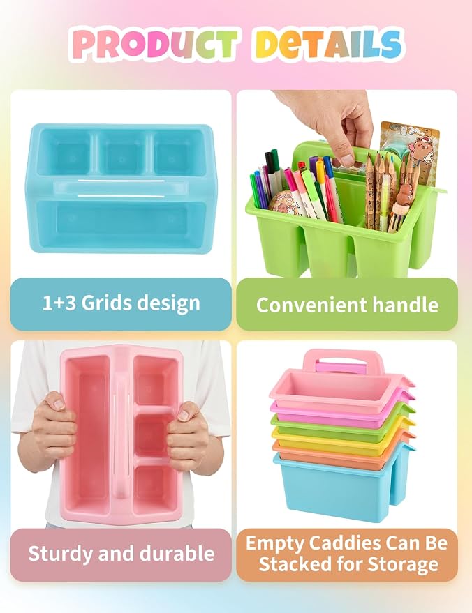 6 Pack Classroom Caddy Organizer with Handle, Table Caddy Classroom | 4 Compartments, 9×6.3×6.7 inches, Thick Durable PP Plastic, Built-in Handle, Stackable Design, for Classroom Desk Office Home
