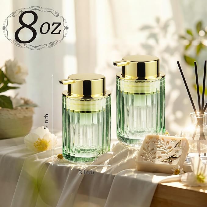 Foaming Hand Soap Dispenser, 8oz Refillable Sage Green Glass with Gold Pump, for Liquid Soap or Lotion, Vertical Ribbed Decor for Bathroom Vanity, Kitchen, Commercial Use - 1 Pack