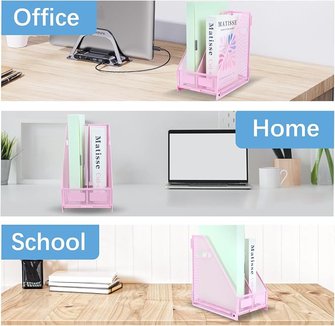 Desk Organizers Metal Magazine File Holder Racks Desktop Folder Storage Binder Organiser Document Organization for Home Office & Classroom,2 Vertical Compartments-Pink