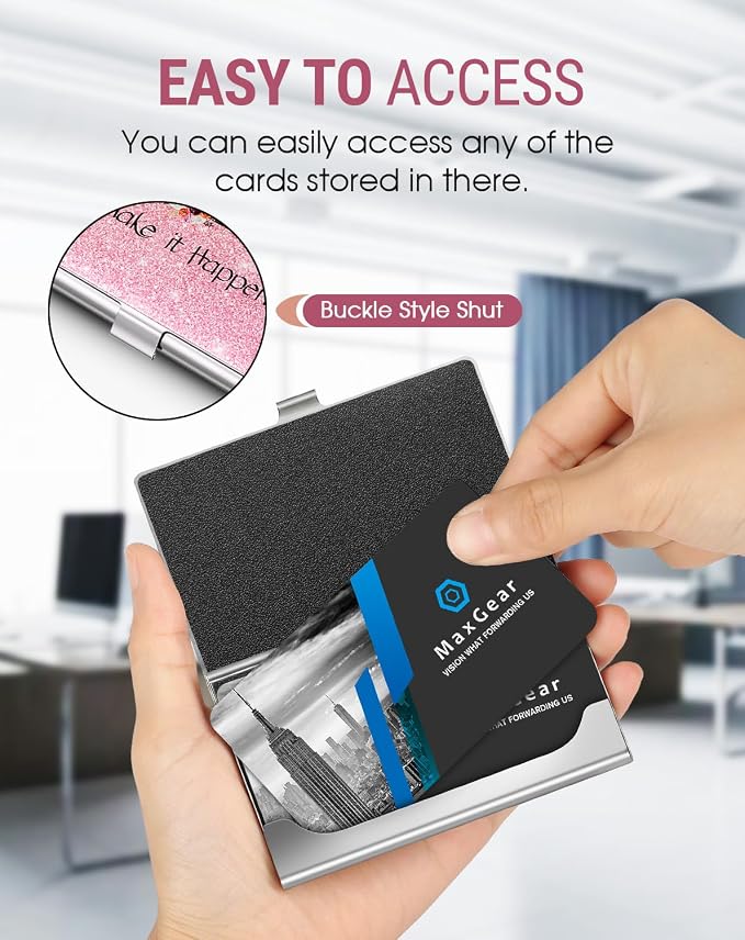 MaxGear Stainless Steel Business Card Holder, Slim Card Case, Pink | Soft Interior Lining, Buckle Closure, Fits Standard Business Cards and Credit Cards