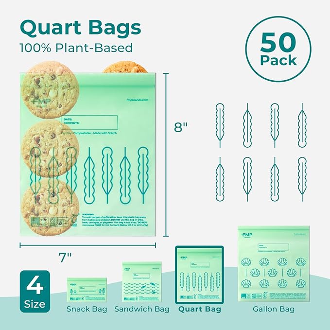 Fit Meal Prep 50 Pack 100% Compostable Food Storage Bags, 7 x 8" Resealable Freezer Bags Quart Size for Meat, Fruits, Plant-Based Sandwich Bag, ASTM D6400, US BPI & EU OK Compost Certified