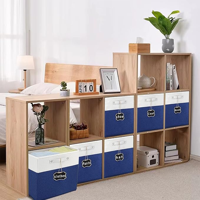 13x15x13 storage cube bins,Set of 4 Collapsible Fabric Storage Cubes with Labels,Linen Cube Storage Organizer Bins Kallax Storage Cubes for Organizing Home,Shelves,Cabinet,Clothes(White Blue).