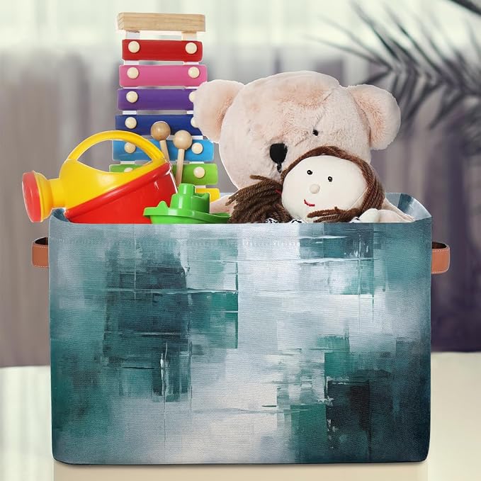 Rectangle Storage Baskets for Shelves, Abstract Teal Gray Texture Storage Cube Organizer Bins Collapsible Toy Basket for Nursery Home Room