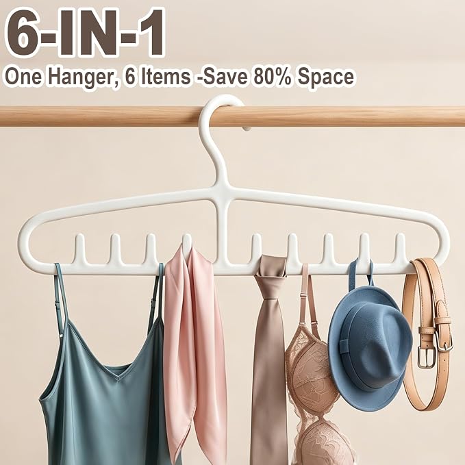 Tank Top Hangers 2 PCS, Space Saving Closet Organizer with 6 Hooks, Durable PP Hangers for Camisoles Bra Scarf, Tie, Belt, Hat, Handbag, White
