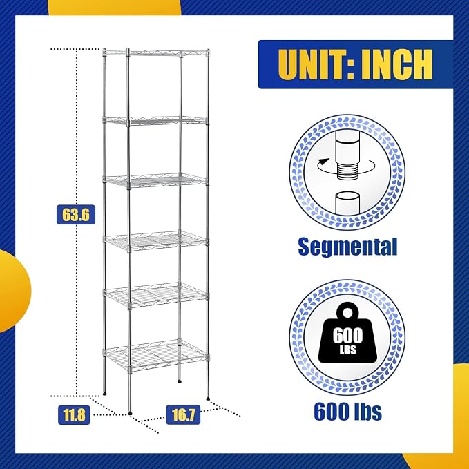Meet perfect 5-Tier Metal Storage Shelving Unit, 47.6" H x 16.7" W x 11.8" D Adjustable Wire Shelf Organizer, 750 lbs Max Load Heavy Duty Standing Rack for Kitchen, Pantry, Garage, Office