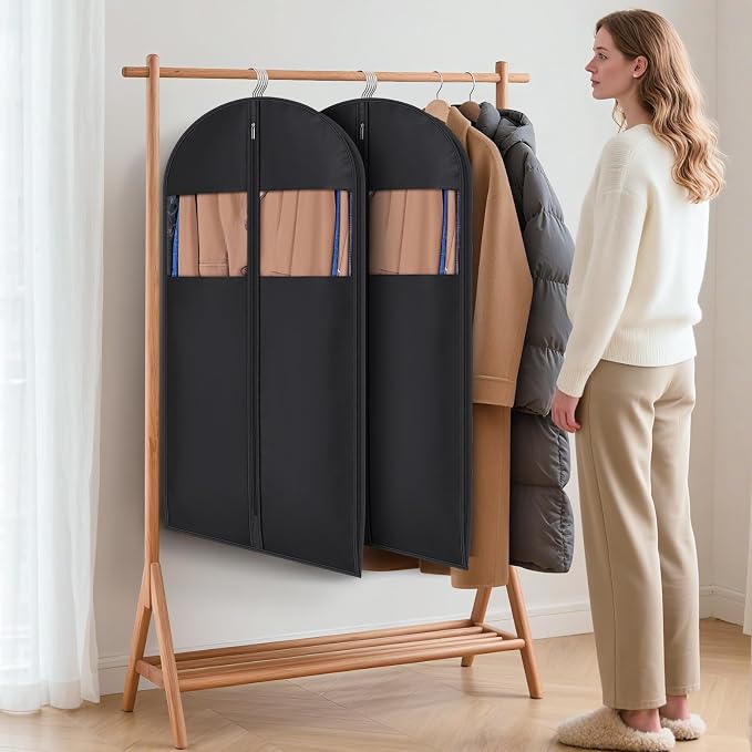 Syeeiex 43'' Garment Bags for Hanging Clothes with 8'' Gussets,Space Saving Hanging Garment Bag with Self Compression Zipper - Save 50% Space-Can Hold 6 Down Coats,8 Fur & Winter Coats,20 Shirts(2PCS)