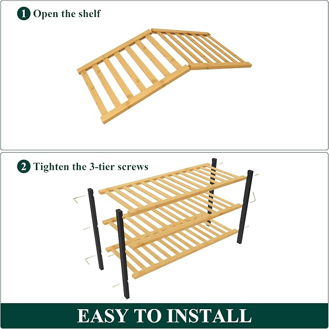 Smiry Bamboo Shoe Rack for Closet, 3 Tier Wooden Shoe Organizer, Stackable Wood Shoe Storage Shelf for Entryway, 14 Vertical Slats, One-piece Heavy-Duty Legs, 26.77"x11.02"x18.31", Natural & Black
