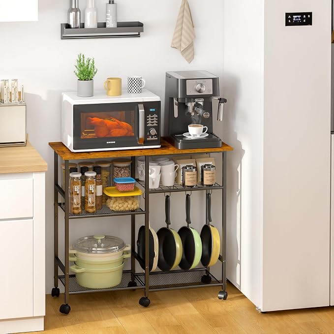 ThreeHio Rolling Kitchen Microwave Cart, 3-Tier Microwave Stand with Adjustable Shelf, Kitchen Storage Island on Lockable Wheels, Coffee Bar Baker's Rack Utility Cart for Living Room, Office, Balcony