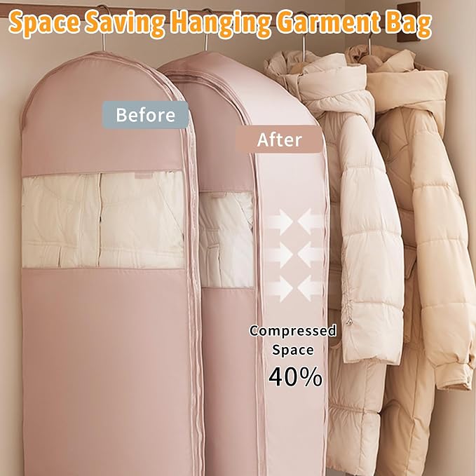 Space Saving Hanging Garment Bag with Self Compression Zipper,Space Saving Hanging Protector for Down Coat, Transparent Visibility Space Savin gown Coat Compression Dust Cover for Closet Storage