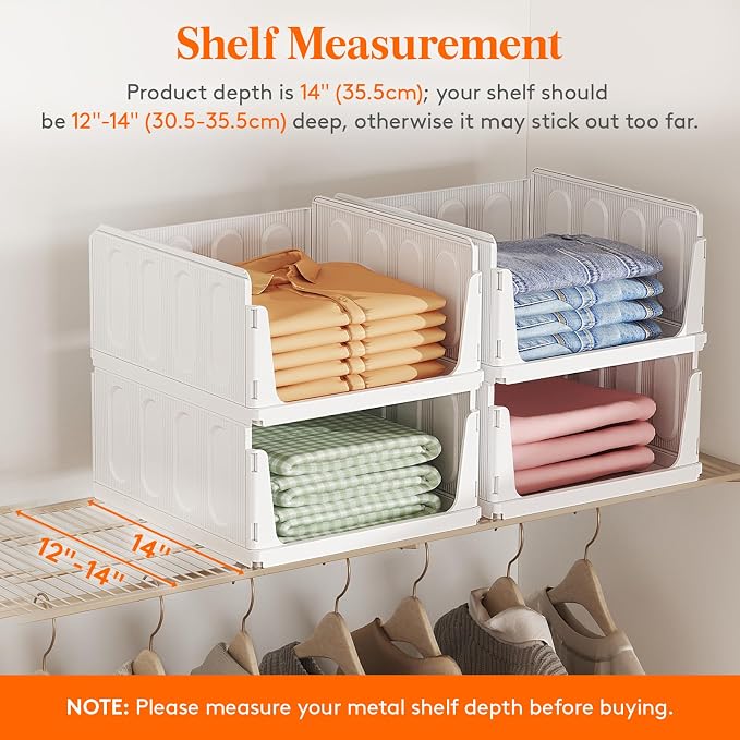 Lifewit 6 Pack Stackable Closet Organizers and Storage Basket for Clothes, Plastic Sweater Storage Bins for Wardrobe, Stacking Clothing Containers for RV, Pantry, Shelf, Kitchen, Dorm, 14" Depth