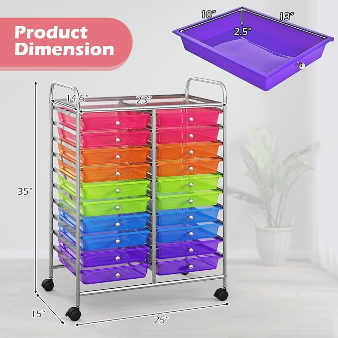 DREAMADE Rolling Cart with Storage Drawers, Utility Cart with Removable Plastic Drawers, Lockable Wheels, Art Cart for Classroom Organization Art Supplies Office Scrapbook (20 Drawers, Rainbow)