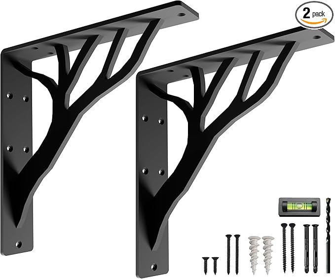 Rustic Tree Black Heavy Duty Shelf Brackets 12 inch by Balin Designs, Decorative L Brackets for Shelves, Metal Fireplace Mantel Large Shelf Bracket, Shelving Bracket, Included Hardware, Set of 2